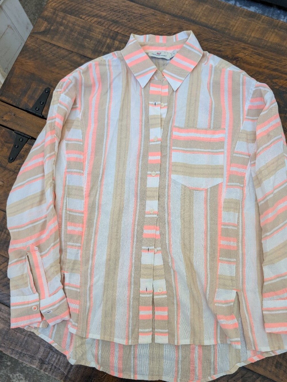 Vineyard Vines Women's Stripe Button-Down in Coral, Beige & White